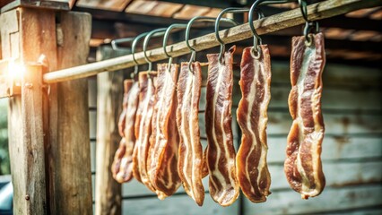 Crisp strips of golden brown bacon dangle enticingly from a rustic metal hook