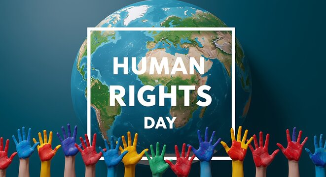 Diverse Hands Painted In Rainbow Colors Reach Up Towards Earth With Human Rights Day Text globe world