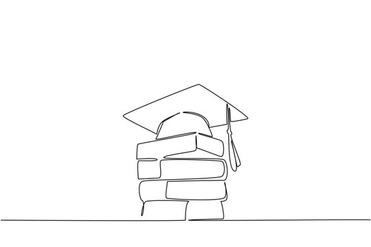 Single line drawing of stacked bricks with a graduation cap on top, symbolizing hard work, labor, and under age worker to pursue high level education concept for World Day Against Child Labor.