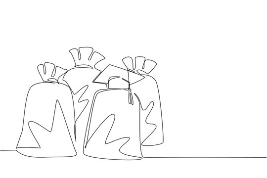 Continuous line drawing of bags with one wearing graduation cap, symbolizing transformation through education, equality, and hope in a humanitarian awareness concept for World Day Against Child Labor - Powered by Adobe