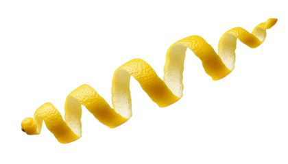 A Long, Curly Spiral of Yellow Lemon Peel, Floating or Suspended, Isolated Against a Transparent Background