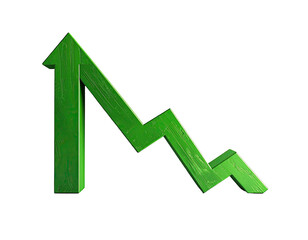 3D green upwards arrow with fluctuating line, on a stark black background