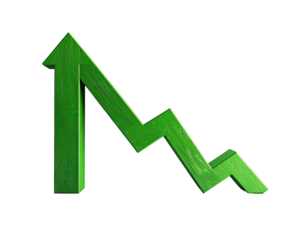 3D green upwards arrow with fluctuating line, on a stark black background