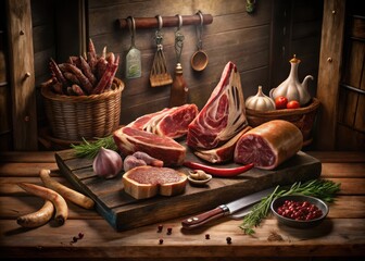 Artisanal butcher showcases an array of premium meat cuts on a rustic wooden ray