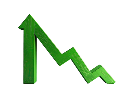 3D green upwards arrow with fluctuating line, on a stark black background