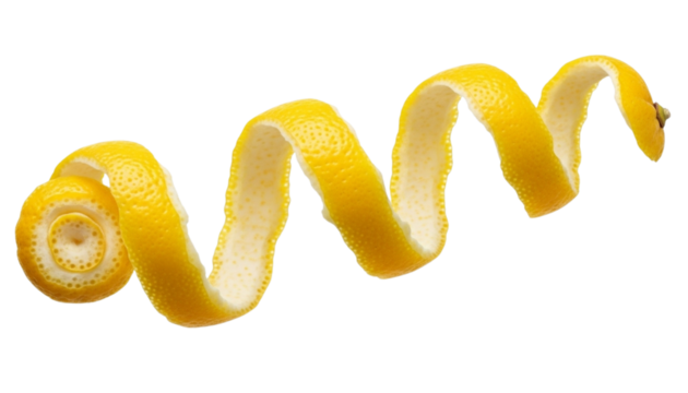 A Long, Curly Spiral of Yellow Lemon Peel, Floating or Suspended, Isolated Against a Transparent Background