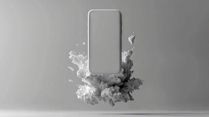 A modern smartphone with a blank screen is depicted emerging from a dynamic, abstract cloud-like formation. The composition is minimalist and monochromatic, set