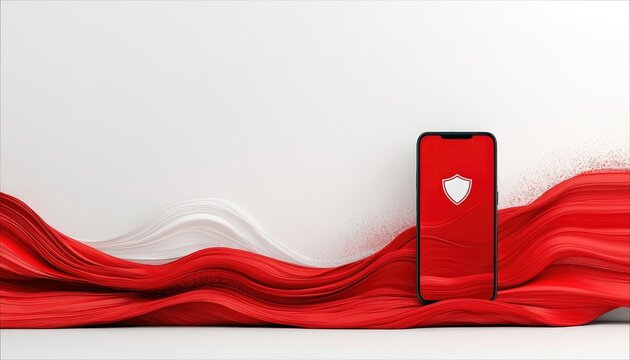A modern smartphone displays a white shield icon on its red screen, set against a backdrop of flowing red and white fabric waves. The lighting is clean and high