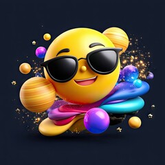A 3D rendered yellow emoji face wearing black sunglasses and a colorful, flowing scarf, surrounded by various planets and golden sparkles against a dark, textur