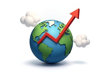 Global decline: red downward arrow overlays Earth, symbolizing worldwide economic or environmental downturn.