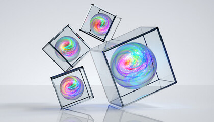 Representation of quantum physics, Floating geometric glass shapes refractin