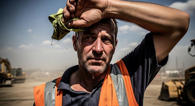 Sweaty Construction Worker Wipes Forehead Under Sun, Orange Vest.