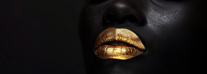 Golden Touch: A mesmerizing close-up unveils the captivating allure of golden lips against a stark, shadowed backdrop, radiating elegance and mystery.