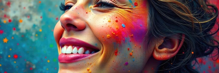Fototapeta premium Close-up of a vibrant, colorful painted portrait depicting the joy and complexity of life's journey, rich textures and brushstrokes revealing emotional depth , close up, beauty