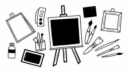 Doodle art studio set easels brushes palettes blank canvas painting supplies vector