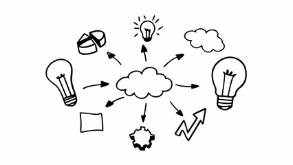 Hand drawn brainstorming cloud with ideas lightbulbs arrows and symbols vector illustration