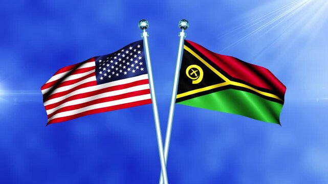 USA and Vanuatu Flag Waving On Pole Loop