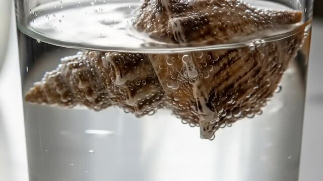 Air Bubbles Escaping from a Textured Seashell in a Glass of Water.