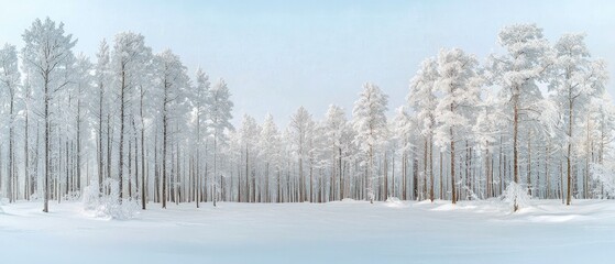 A panoramic view of a dense pine forest completely covered in snow and frost, under a clear, pale blue sky. The scene evokes a sense of cold, quiet, and pristin