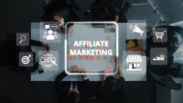 A dynamic collaborative session showcasing professionals engaged in affiliate marketing strategies, highlighting teamwork and innovative planning in a modern office setting. Raster
