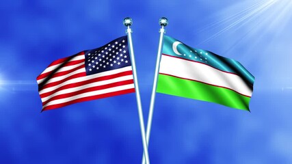 USA and Uzbekistan Flag Waving On Pole Loop