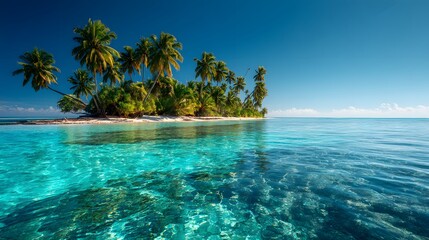 Lush tropical islet is surrounded by incredibly clear turquoise ocean water under a bright blue sky
