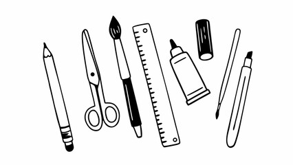 Doodle set of 10 design tools including pencil brush scissors and ruler vector