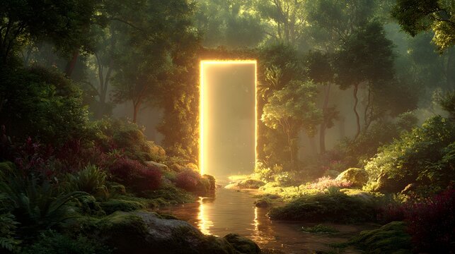 Glowing rectangular portal illuminates a dense, sun-dappled forest clearing beside a flowing stream