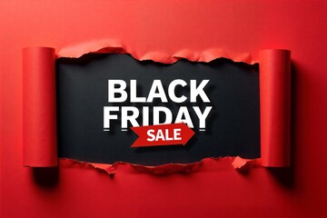 Black Friday sale revealed through torn red paper, bold white text and arrow, vibrant promotional design.