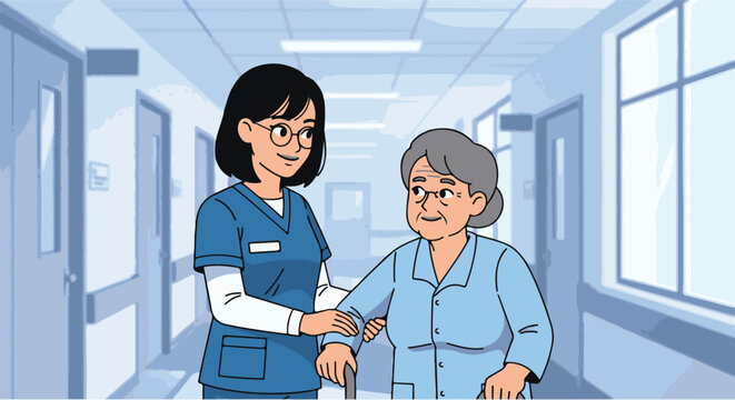 Caring healthcare professional providing compassionate assistance to an elderly woman using a walking stick in a hospital corridor, symbolizing supportive medical services and senior well-being