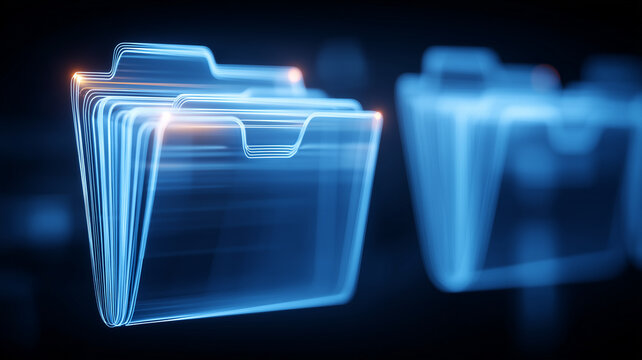 A digital information management concept presented through luminous folders symbolizing organization, structure, accessible data and efficient system operations.
 - Powered by Adobe