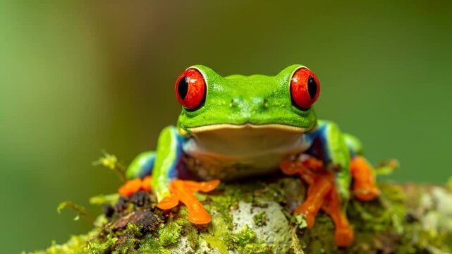 Vibrant Red-Eyed Tree Frog Posing on a Mossy Branch in Lush Green Tropical Habitat