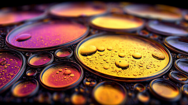 A collection of rounded fluid compartments filled with suspended droplets representing chemical separation, reactive behavior and the internal structure of liquid systems.
