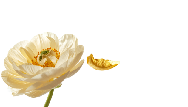 Elegant cream-colored flower losing a single golden petal against a pure white background, representing the fleeting nature of beauty and grace
