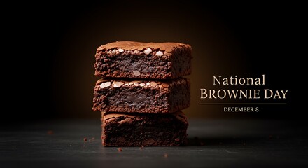 Stack of Three Chocolate Brownies for National Brownie Day December 8 Celebration dessert sweet