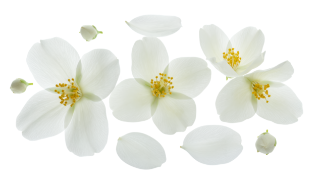 A serene scattering of delicate white jasmine blossoms and petals, exuding freshness and purity against a pristine white background, perfect for evoking natural beauty and fragrant elegance