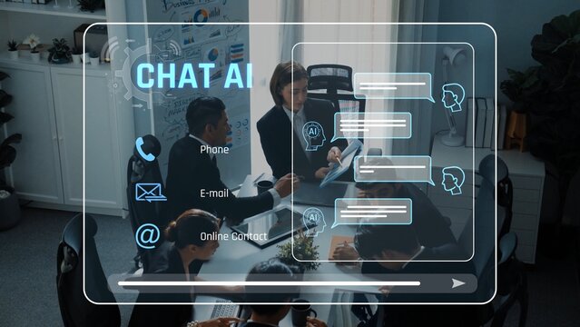 A diverse group of business professionals collaborates using chat AI technology in a modern office, enhancing communication and streamlining teamwork for better productivity. Raster