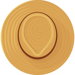 Top View of a Textured Light Brown Straw Hat with Dark Brown Band and Swirled Crown Detail on a Transparent Background