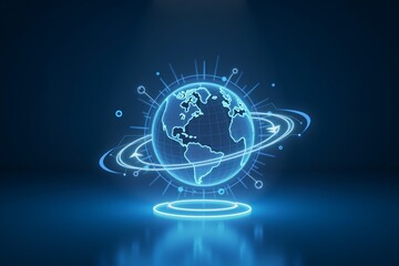 Blue holographic globe floats above glowing circular platform, symbolizing global digital connectivity and futuristic technology.