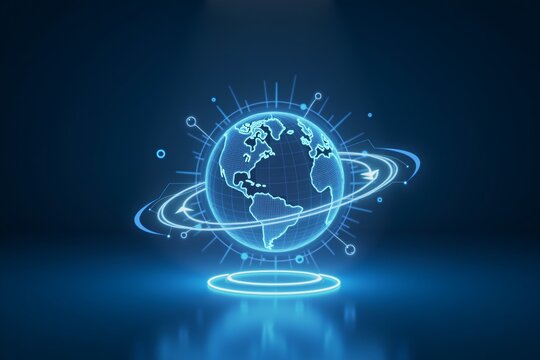 Blue holographic globe floats above glowing circular platform, symbolizing global digital connectivity and futuristic technology.