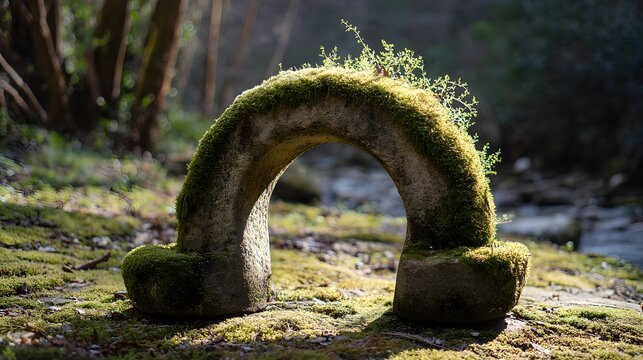 Ancient stone archway structure heavily covered in vibrant green moss in a sunlit woodland setting - Powered by Adobe