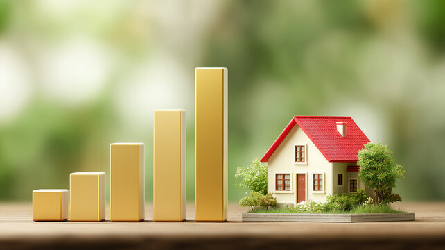 Real estate investment growth symbolized by increasing bar chart beside house model in natural setting.
