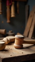 A close-up shot of a well-worn wooden mallet resting on a rustic workbench, surrounded by various carpentry tools Perfect for DIY, home improvement, and craftsmanship projects , texture, workshop