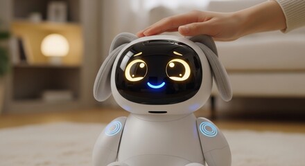 Ai mental health companion concept. Cute robotic dog with a smiling face, being petted by a hand.