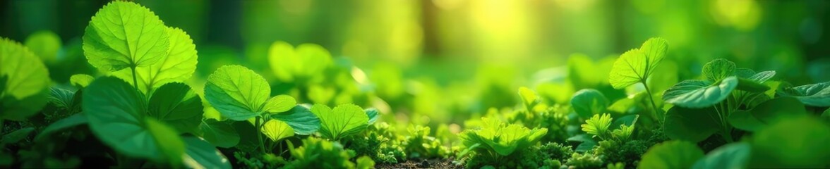 Obraz premium Vibrant green leaves of various earth plants thriving in a lush, natural environment Sunlight filters through the foliage, highlighting the textures and details of each plant , flora, wallpaper