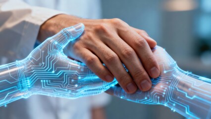 Ai mental health companion concept. Human and robotic hands shaking in a futuristic setting.