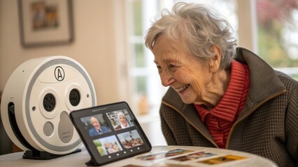 Ai mental health companion concept. An elderly woman interacting with technology and enjoying a digital experience.
