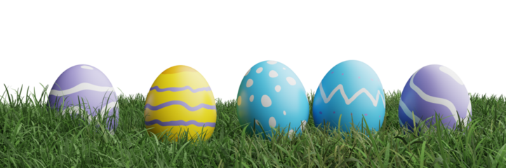 Colorful Easter eggs row in green grass spring holiday Copy space. 3d rendering