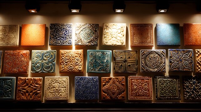Collection of diverse decorative ceramic tiles illuminated by overhead lighting