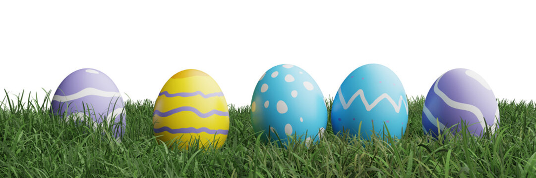 Colorful Easter eggs row in green grass spring holiday Copy space. 3d rendering